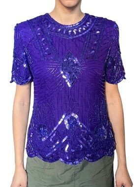 VTG 80s Laurence Kazar 100% Silk Sequin Beaded Top Royal Purple Art Deco